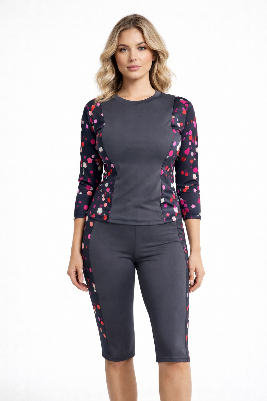 PINZY Women's Modest Swimwear Set, Navy Blue with Multicolour Floral Print, Long Sleeve Rash Guard Top with Capri Swim Leggings, Polycotton, Two Piece