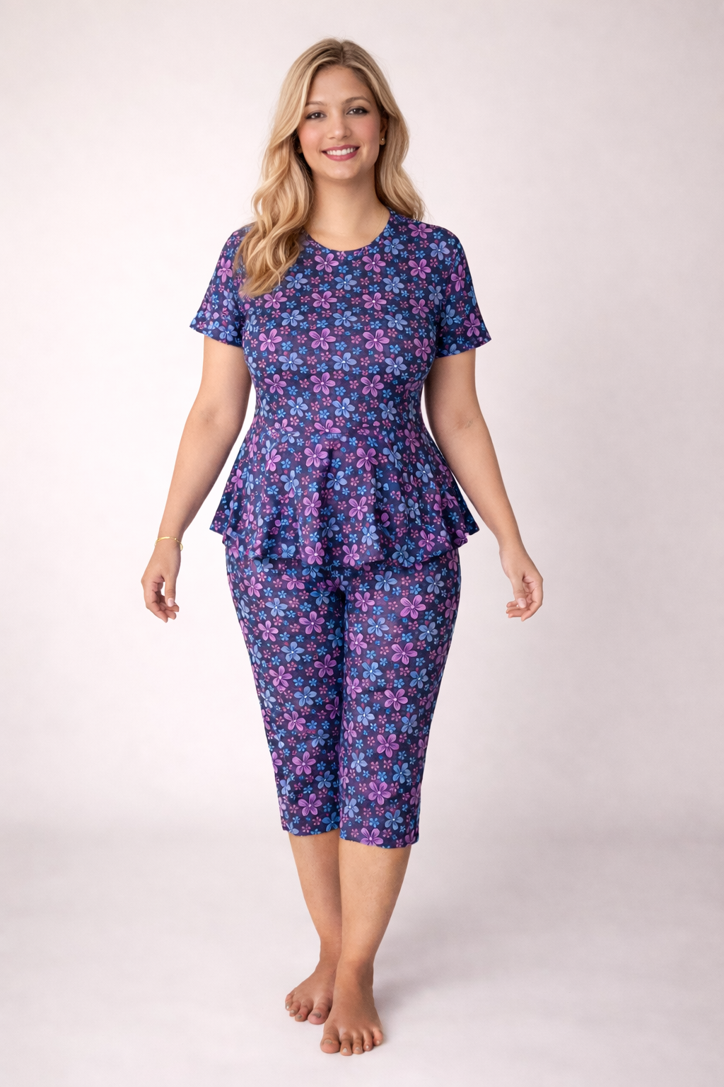 PINZY Women Two PIS Swimming Suit Printed Frock Style top with Same Printed Capri for Swimming, waterpark, Water Sports